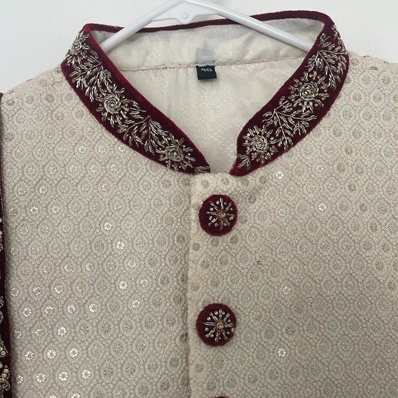 Burgundy and cream sherwani and shawl. - Picture 5 of 6